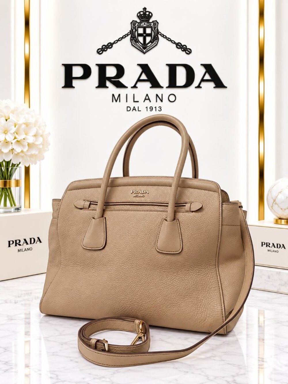 Authentic Prada Vitello Daino Beige Leather Large Tote Satchel Crossbody Bag